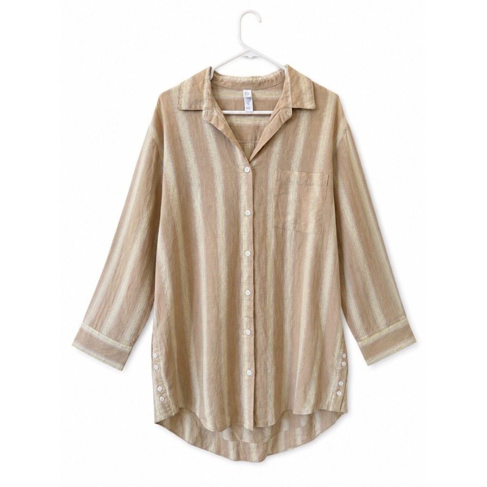 Stars Above Womens Linen Rayon Sleep Shirt Tan Stripe Button Down S‎
